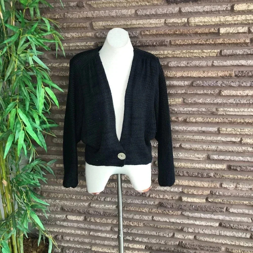 Ann Caron by Annette Pyes Vintage 80s Black Chunky Knit Cardigan Sweater
